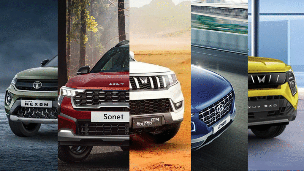 भारत में कम कीमत वाली 5 सबसे किफायती डीजल SUVs का इमेज कोलाज – Tata Nexon, XUV3XO, Kia Sonet, Hyundai Venue, Bolero Neo
