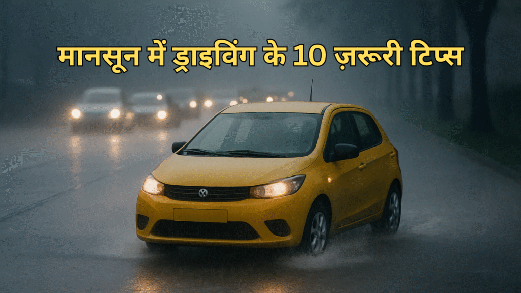 मानसून में ड्राइविंग टिप्स - बारिश में एक पीली हैचबैक कार भीगी सड़क पर हेडलाइट्स के साथ सुरक्षित रूप से चल रही है।