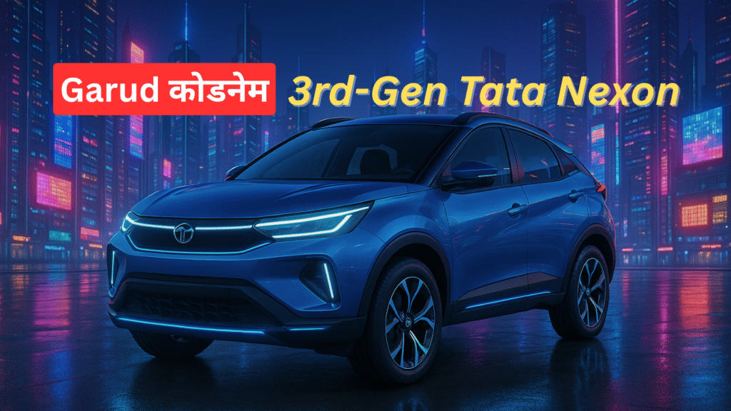 3rd-gen Tata Nexon का फ्यूचरिस्टिक डिजाइन, LED लाइट्स, इलेक्ट्रिक ब्लू कलर और स्काईलाइन बैकग्राउंड के साथ (AI generated)