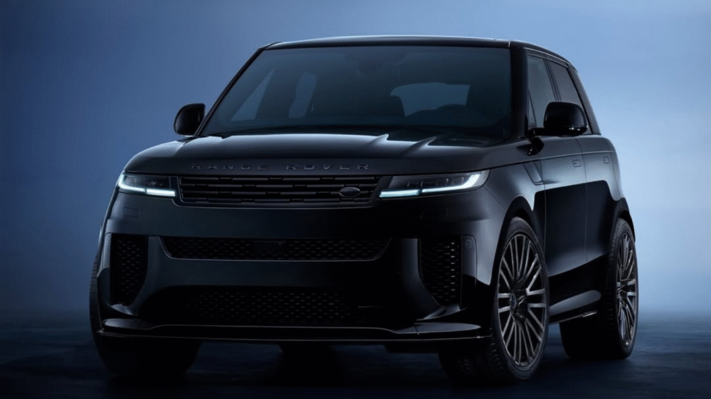 Range Rover Sport SV Black Edition in glossy black finish with sleek LED headlights and large alloy wheels.
