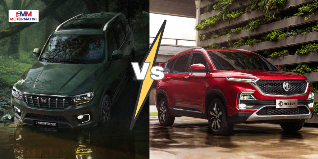 Mahindra Scorpio N और MG Hector की तुलना करता हुआ SUV collage इमेज – दोनों कारें आमने-सामने, डिज़ाइन और फीचर्स पर फोकस
