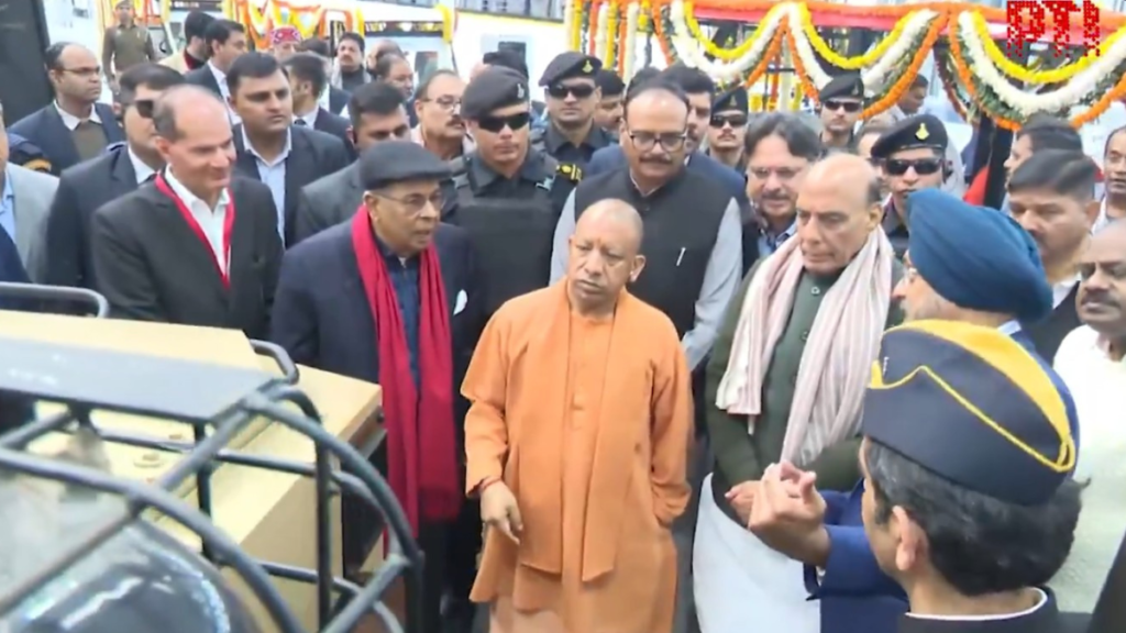 Chief Minister Yogi Adityanath and Defence Minister Rajnath Singh inaugurating Ashok Leyland’s new electric vehicle manufacturing plant in Lucknow, Uttar Pradesh