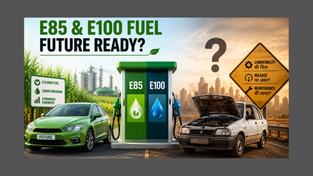 E85 and E100 fuel impact on existing vehicles in India infographic