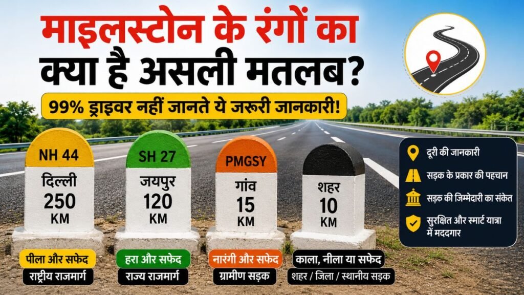 Different colored milestones on Indian highways and roads