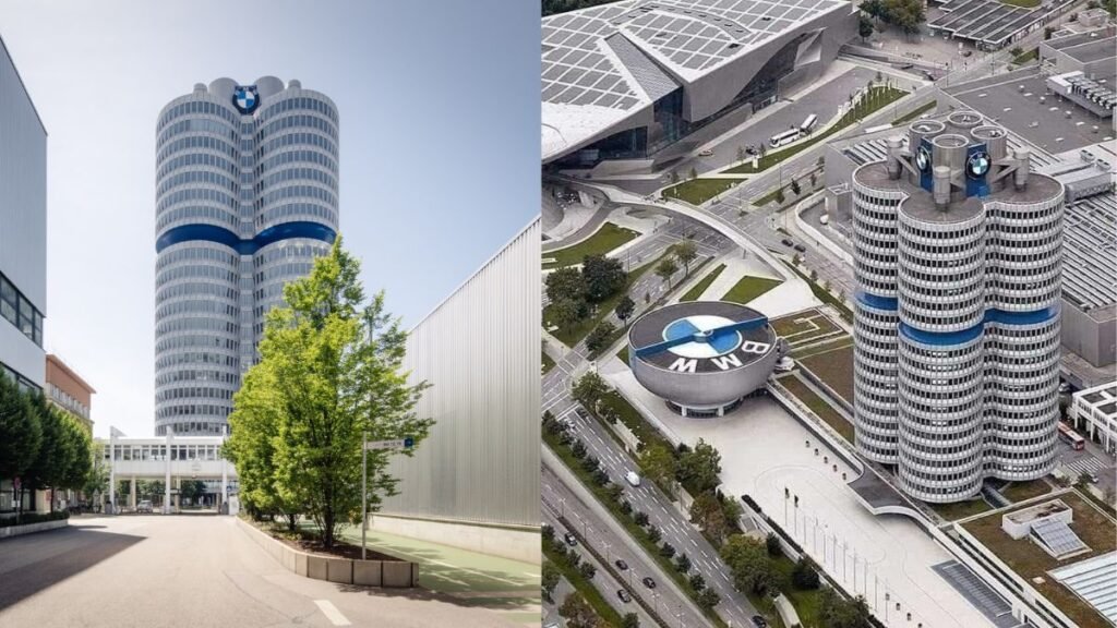 BMW Headquarters in Munich featuring a four-cylinder engine-inspired architectural design