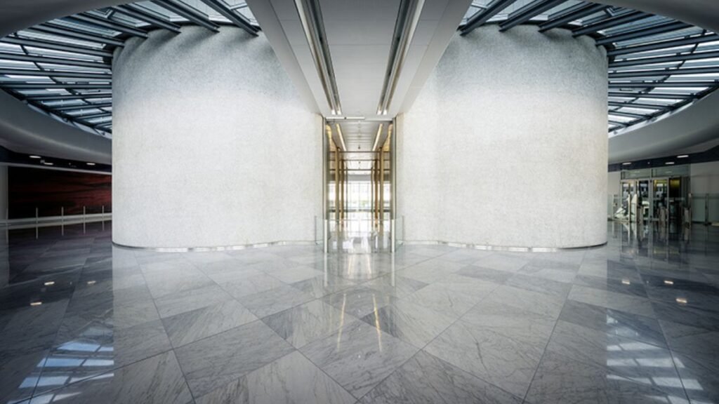 Interior of the BMW Headquarter building in Munich showing its modern office design